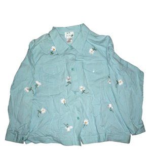 VTG Womens Sz 2X Quacker Factory Blue Gingham Embroidered Floral Daisies Jacket